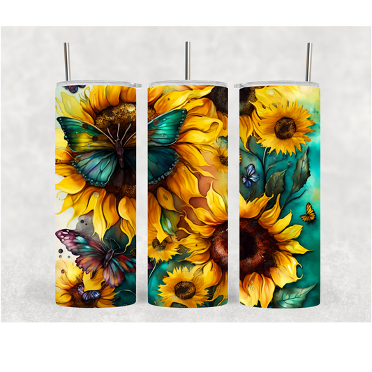 20oz Teal Sunflower Butterfly